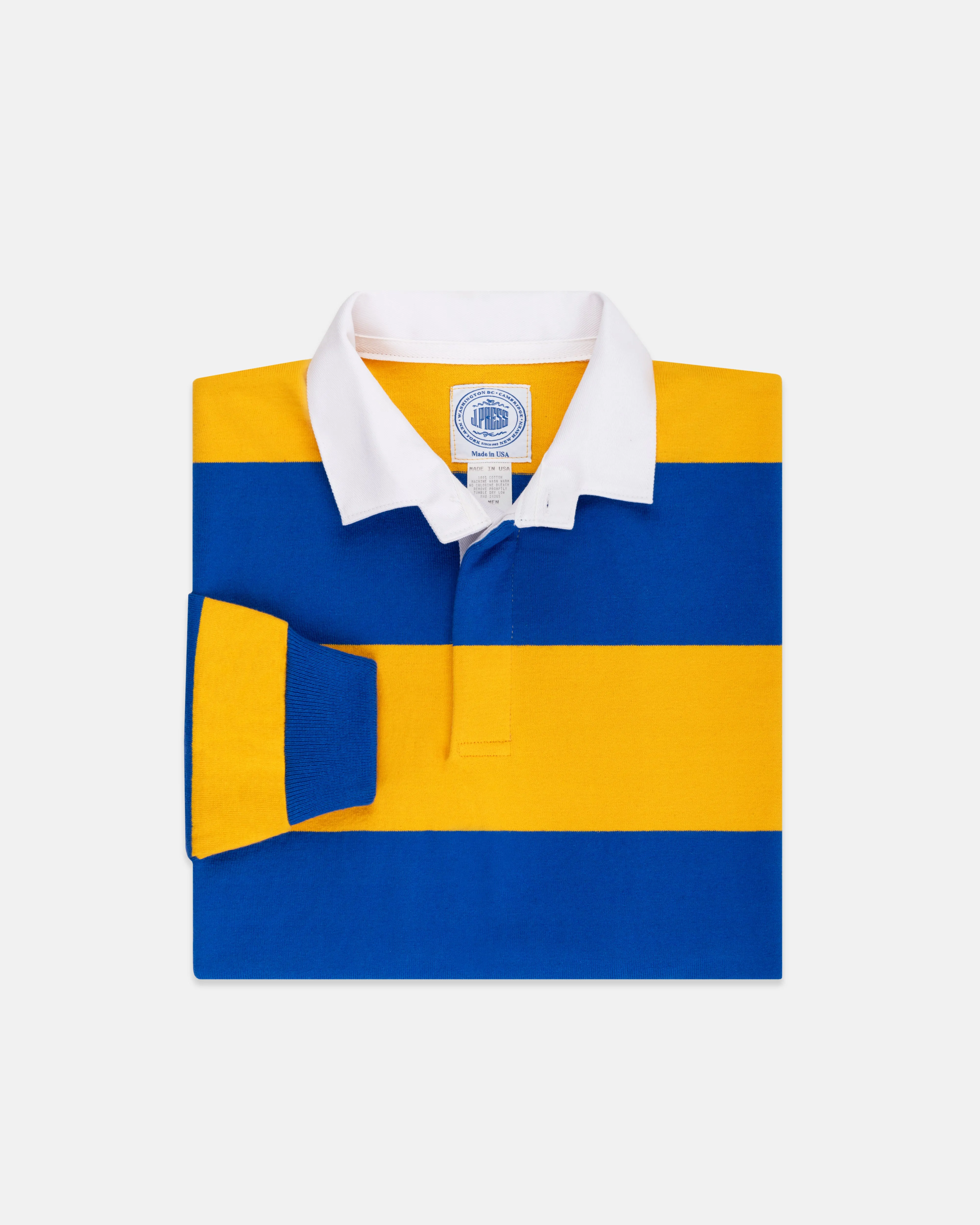 Made-in-USA Royal & Gold Guard Stripe Cotton Rugby sold by J. Press