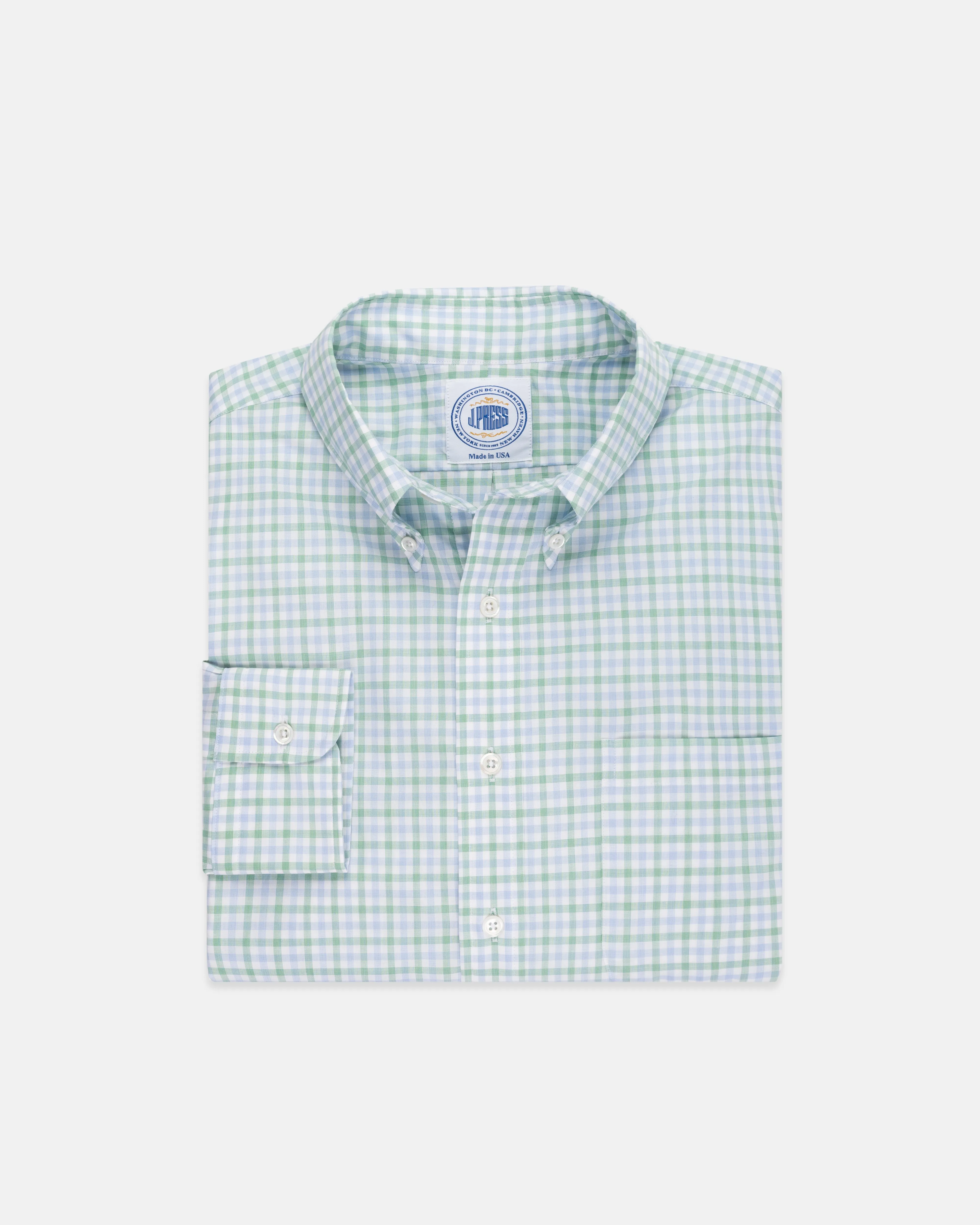 Made-in-USA Thomas Mason Blue and Green Tattersall Button Down Shirt - Regular Fit sold by J. Press