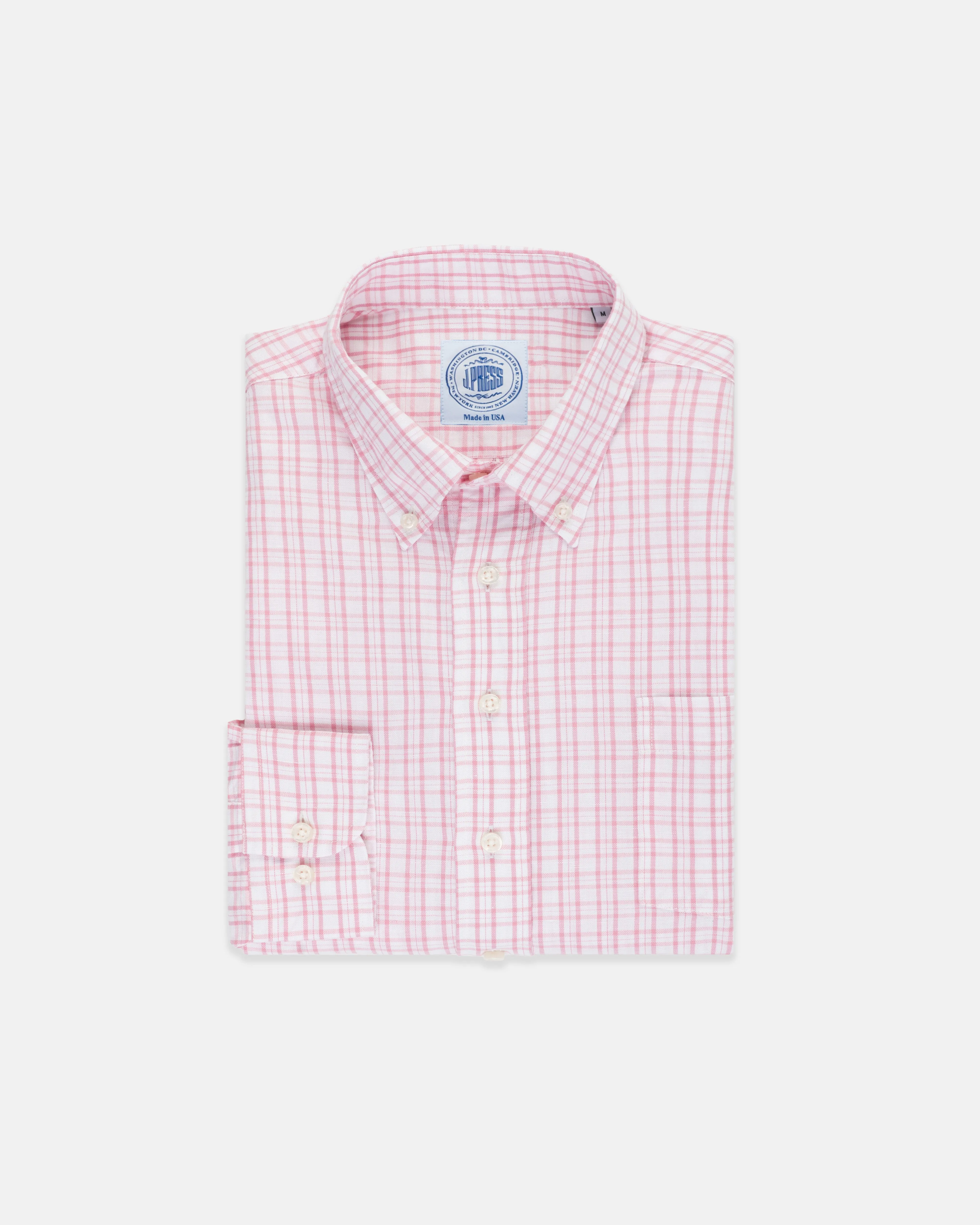 Pink Check Cotton/Linen Short Sleeve Sport Shirt - Classic Fit sold by J. Press
