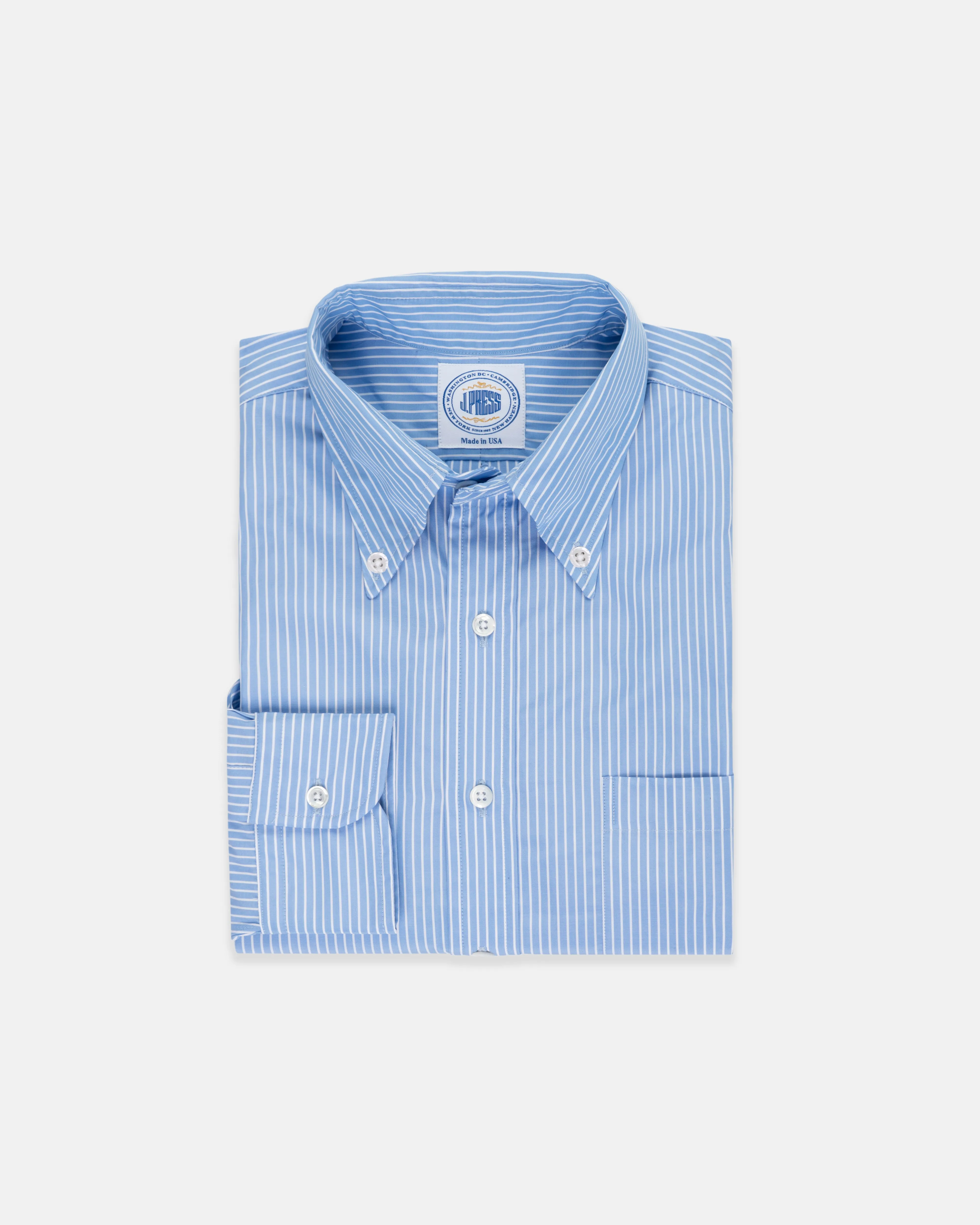 Made-in-USA Thomas Mason Blue Banker Stripe Dress Shirt - Classic Fit sold by J. Press