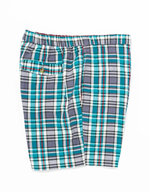 TEAL/WHITE/NAVY/RED MADRAS SWIM TRUNKS sold by J. Press