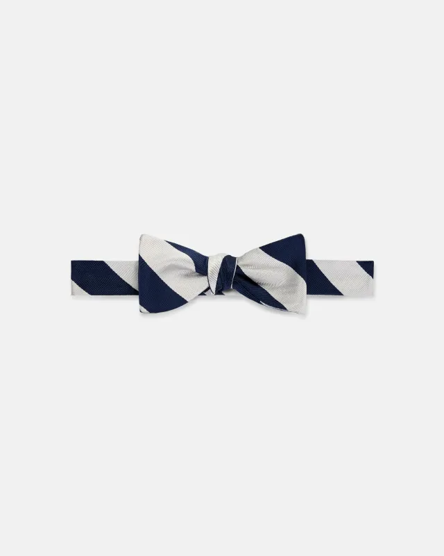 Made-in-USA Navy & Silver Guard Stripe Silk Repp Bow Tie sold by J. Press