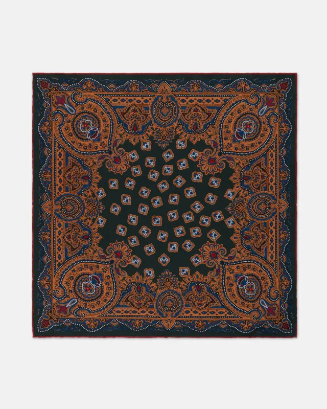 Made-in England Olive Paisley Silk Pocket Square sold by J. Press