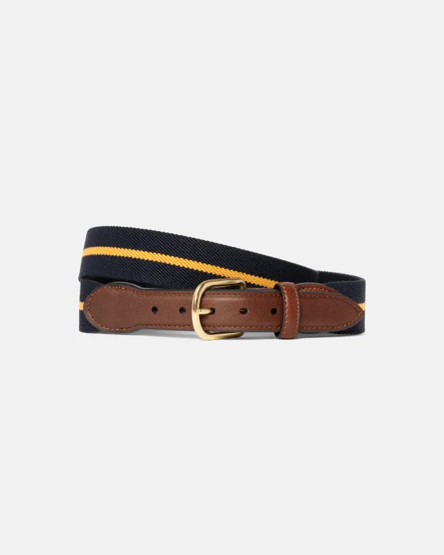Made-in-USA Navy & Gold Striped Belgian Stretch Surcingle Belt sold by J. Press
