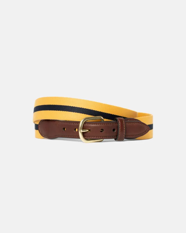 Made-in-USA Yellow & Navy Striped Belgian Wool Surcingle Belt sold by J. Press