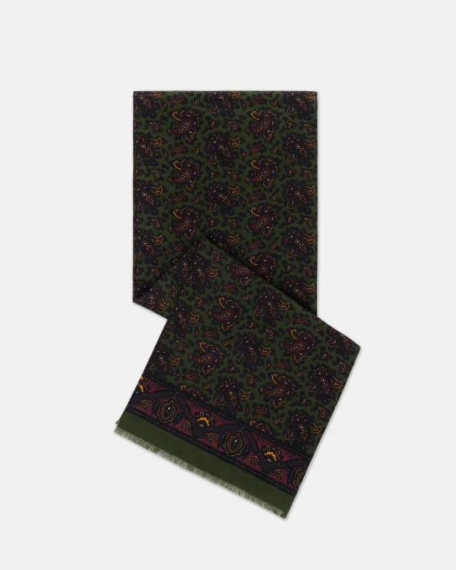 Made-in-England Olive Paisley Wool/Silk Scarf sold by J. Press