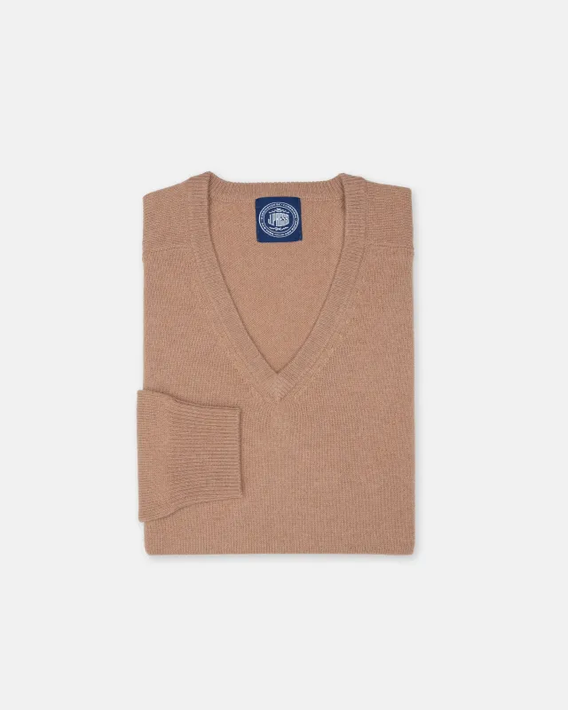 Camel Lambswool V-neck Sweater sold by J. Press