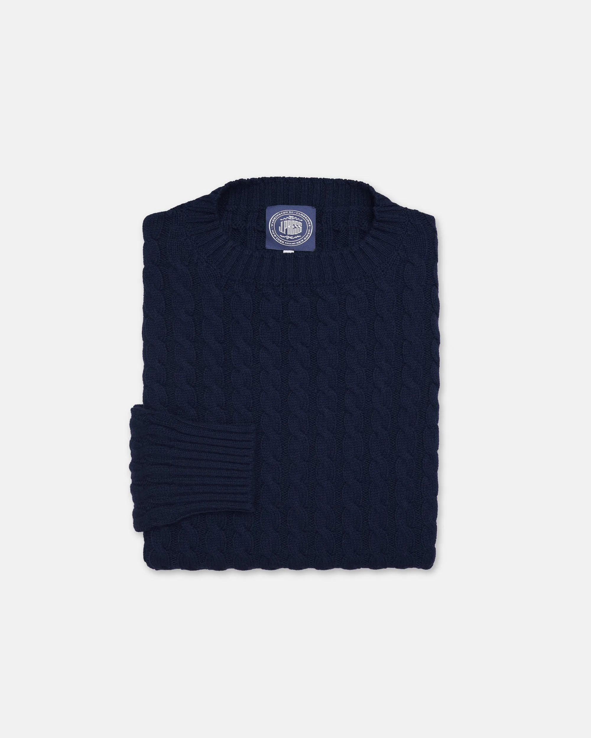 Made-in-Scotland Navy Cable Knit Cashmere Sweater sold by J. Press