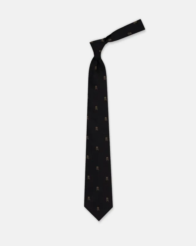 Made-in-USA Black and Buff Skull & Bones Club Tie sold by J. Press