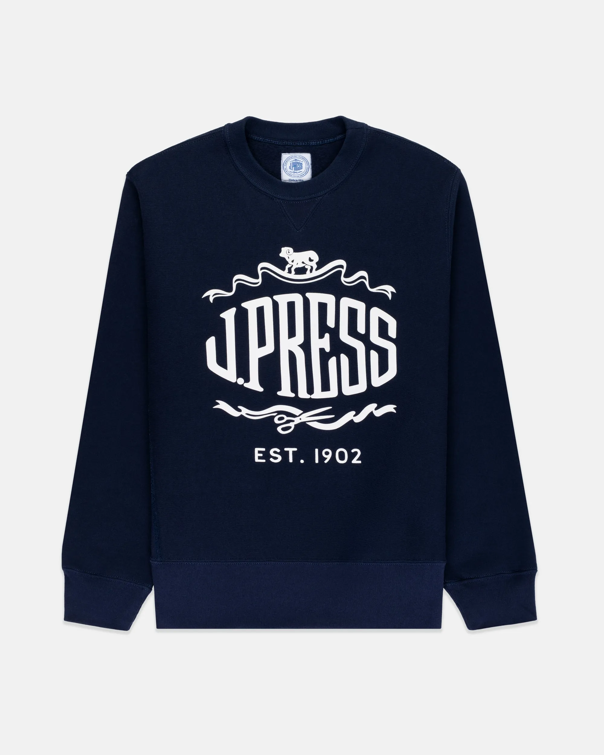 Made-in-USA Navy J. Press "Sheep and Shears" Logo Sweatshirt sold by J. Press