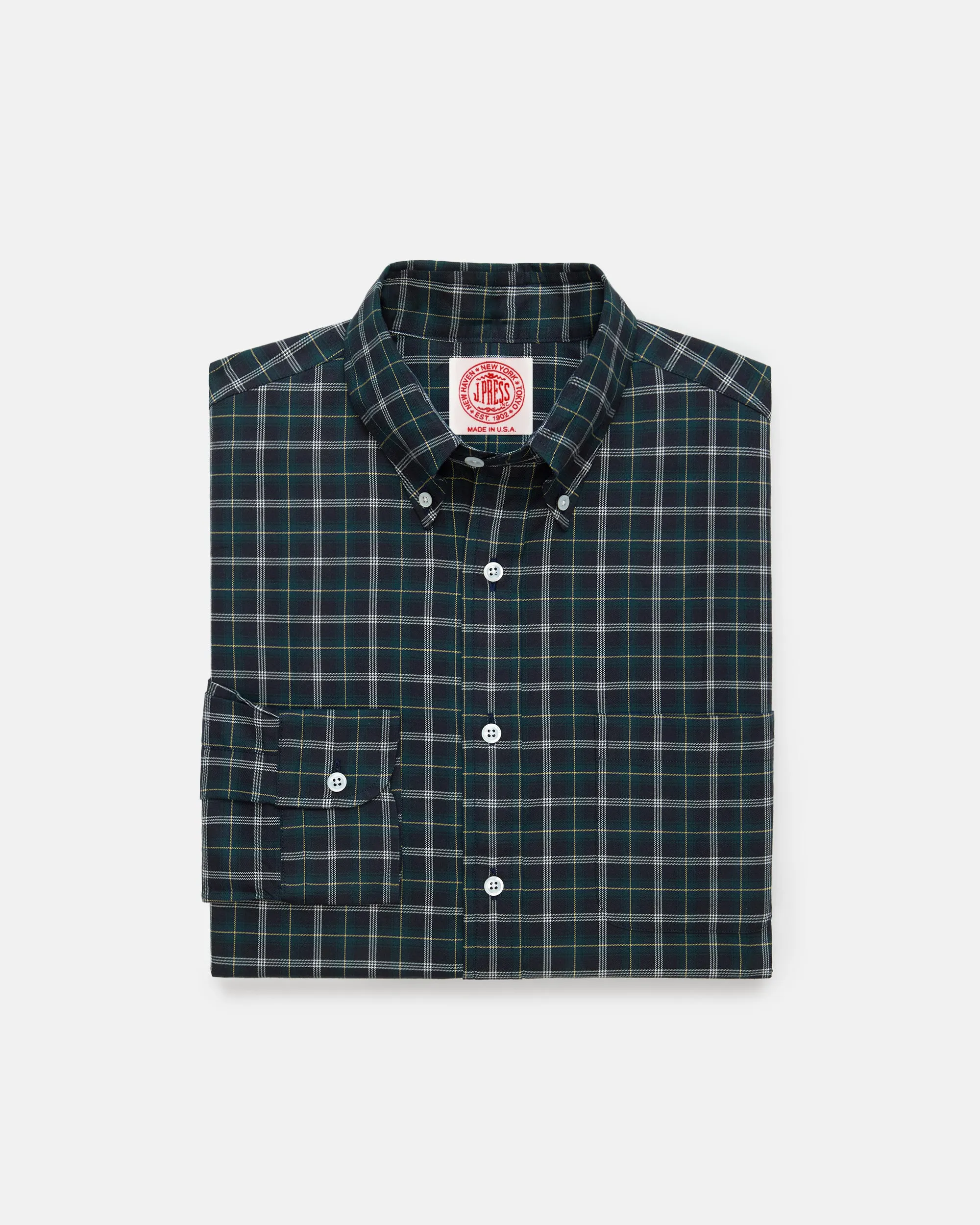 Made-in-USA Navy Ground with Yellow Window Tartan Flannel Sport Shirt - Classic Fit sold by J. Press