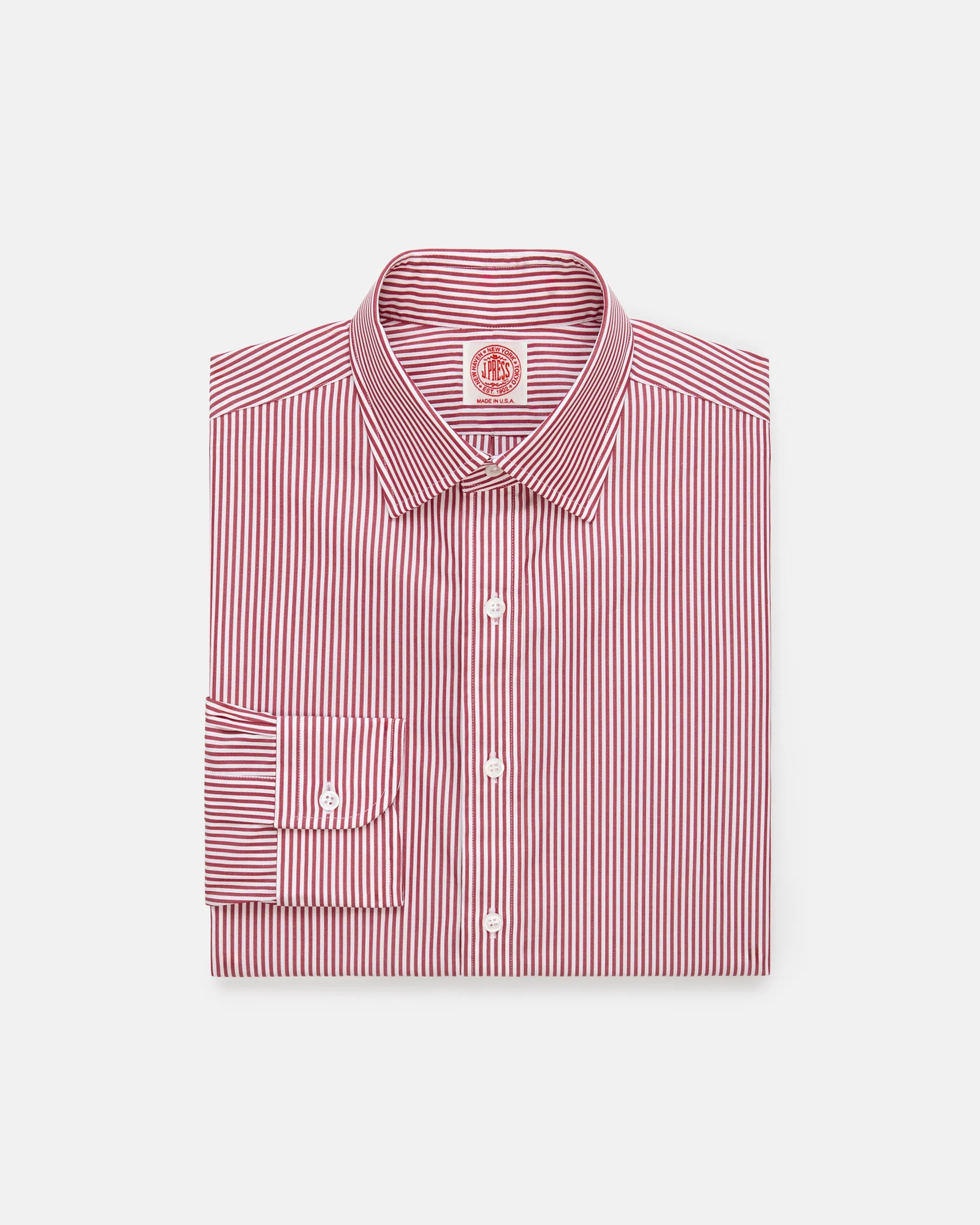 Made-in-USA Thomas Mason Red Bengal Stripe Spread Collar Dress Shirt - Regular Fit sold by J. Press