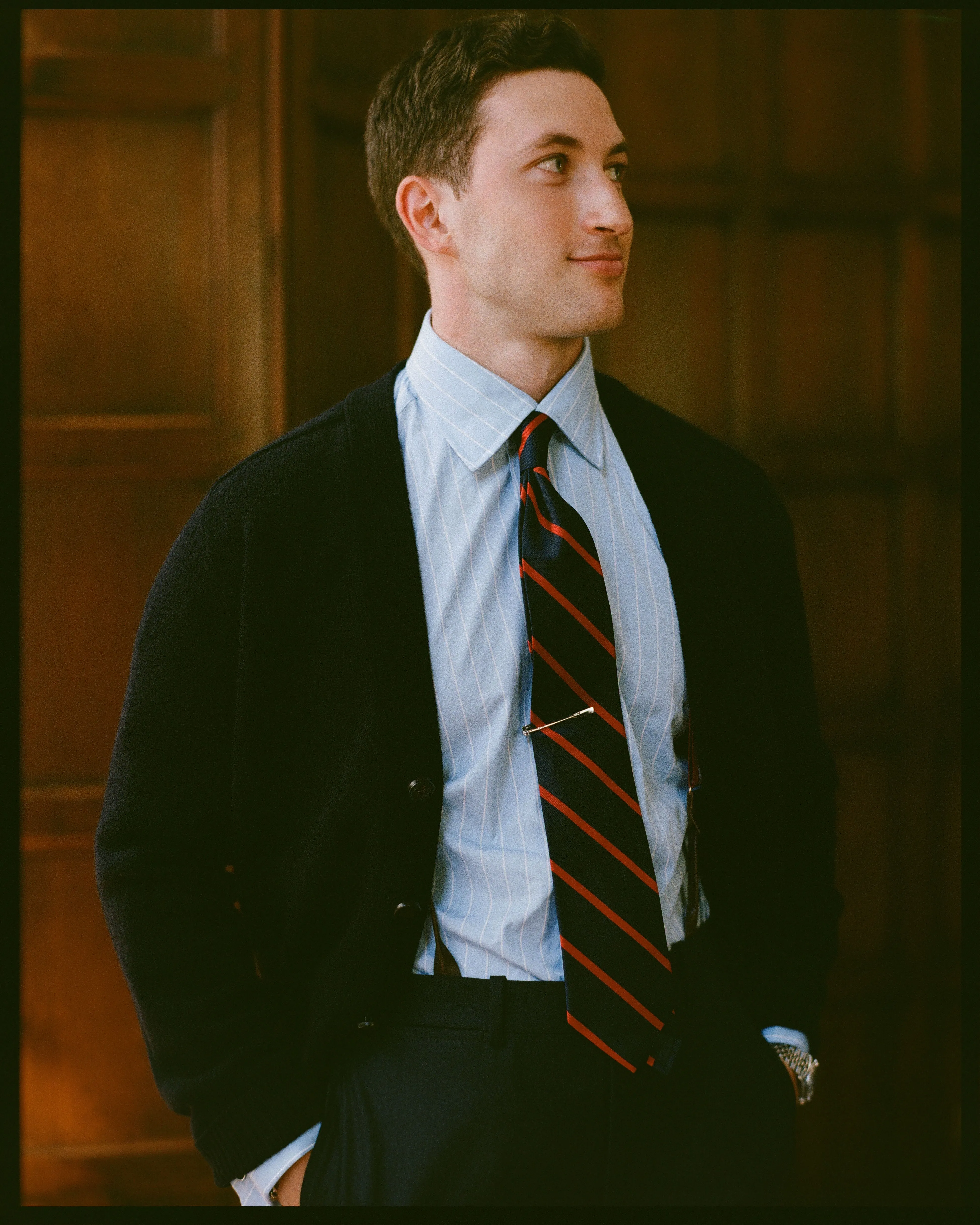 Made-in-USA Thomas Mason Blue & White Stripe Spread Collar French Cuff Dress Shirt - Classic Fit sold by J. Press product image thumbnail 3