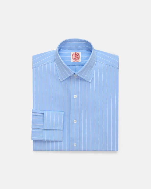 Made-in-USA Thomas Mason Blue & White Stripe Spread Collar French Cuff Dress Shirt - Classic Fit sold by J. Press