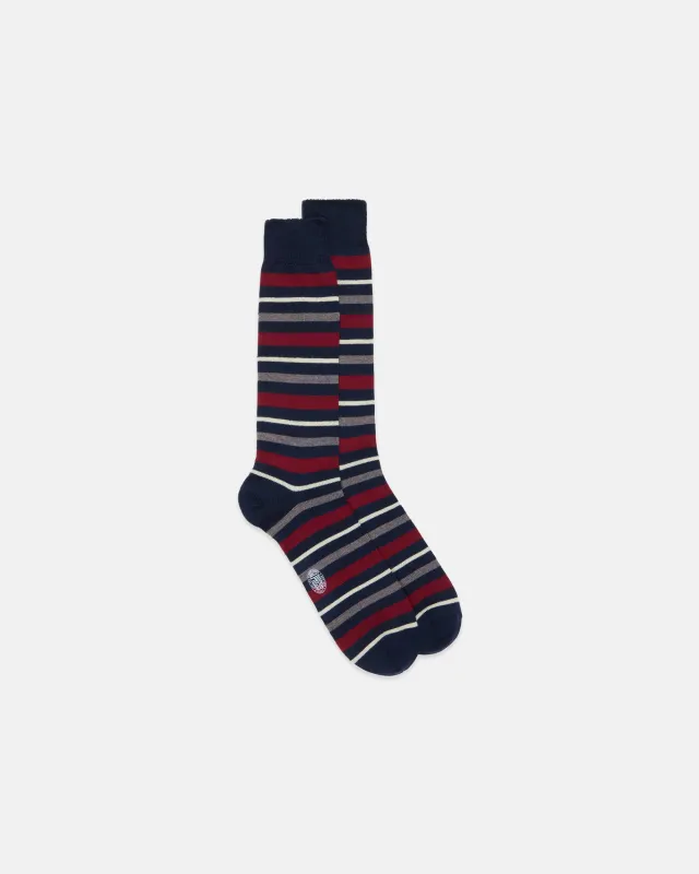 Made-in-Italy Navy & Burgundy Multi-Stripe Mid-calf Wool Sock sold by J. Press