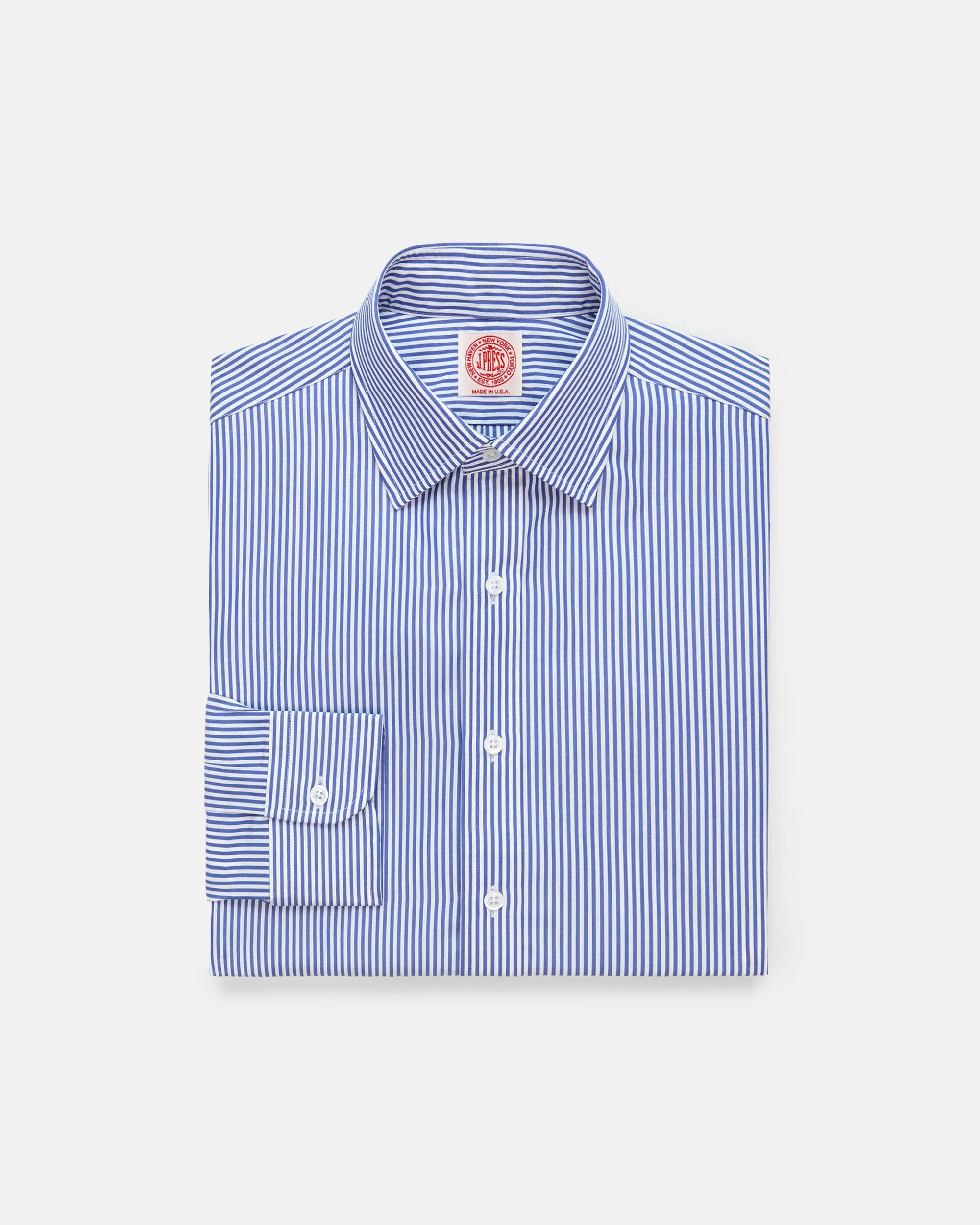 Made-in-USA Thomas Mason Navy Bengal Stripe Spread Collar Dress Shirt - Classic Fit sold by J. Press