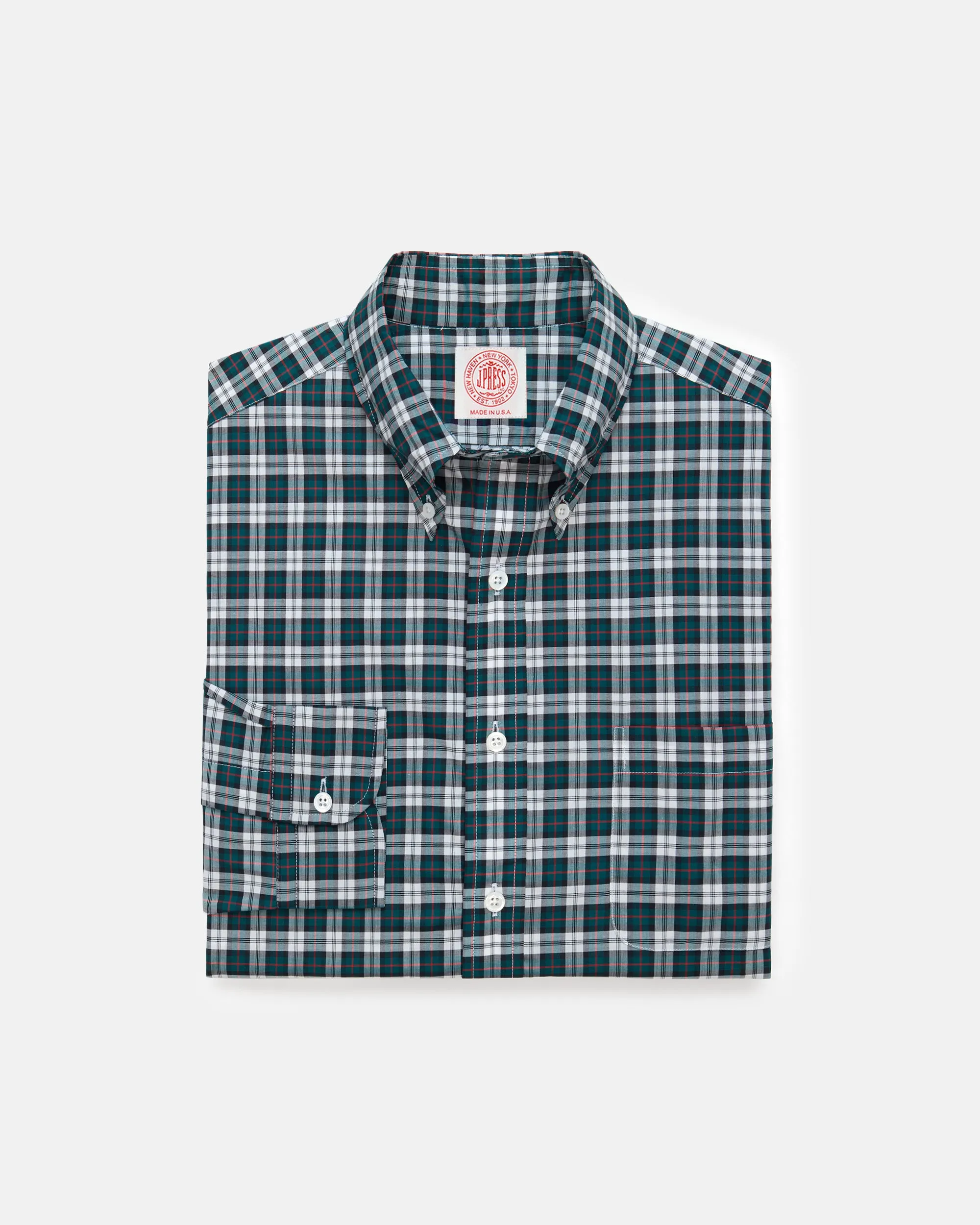 Made-in-USA Thomas Mason Green & White Tartan Broadcloth Sport Shirt - Classic Fit sold by J. Press