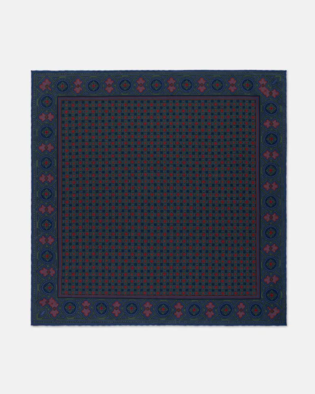 Made-in-England Navy Printed Squares Silk Pocket Square sold by J. Press