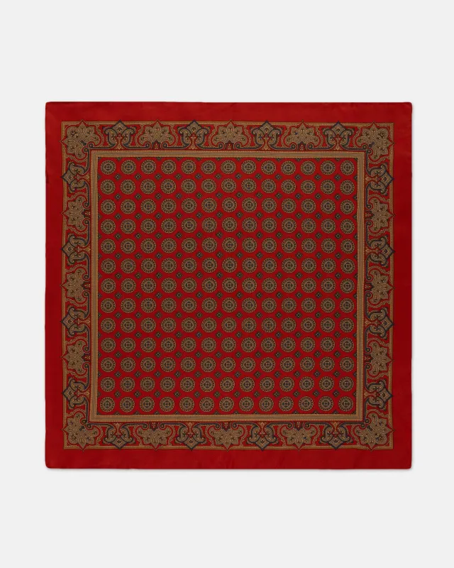 Made-in-USA Red Medallion Silk Pocket Square sold by J. Press