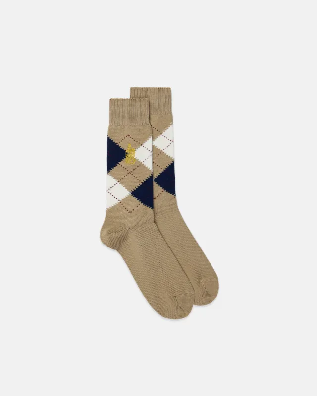 Made-in-England Tan Argyle Crested Cotton Socks sold by J. Press