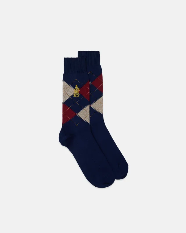 Made-in-England Navy Argyle Crested Cotton Socks sold by J. Press