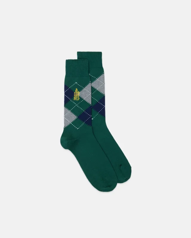 Made-in-England Green Argyle Crested Cotton Socks sold by J. Press