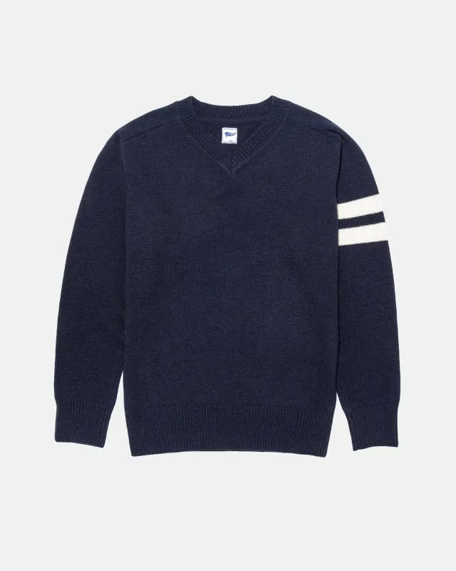 Navy Wool Sleeve Stripe V-Neck Sweater - Trim Fit sold by J. Press