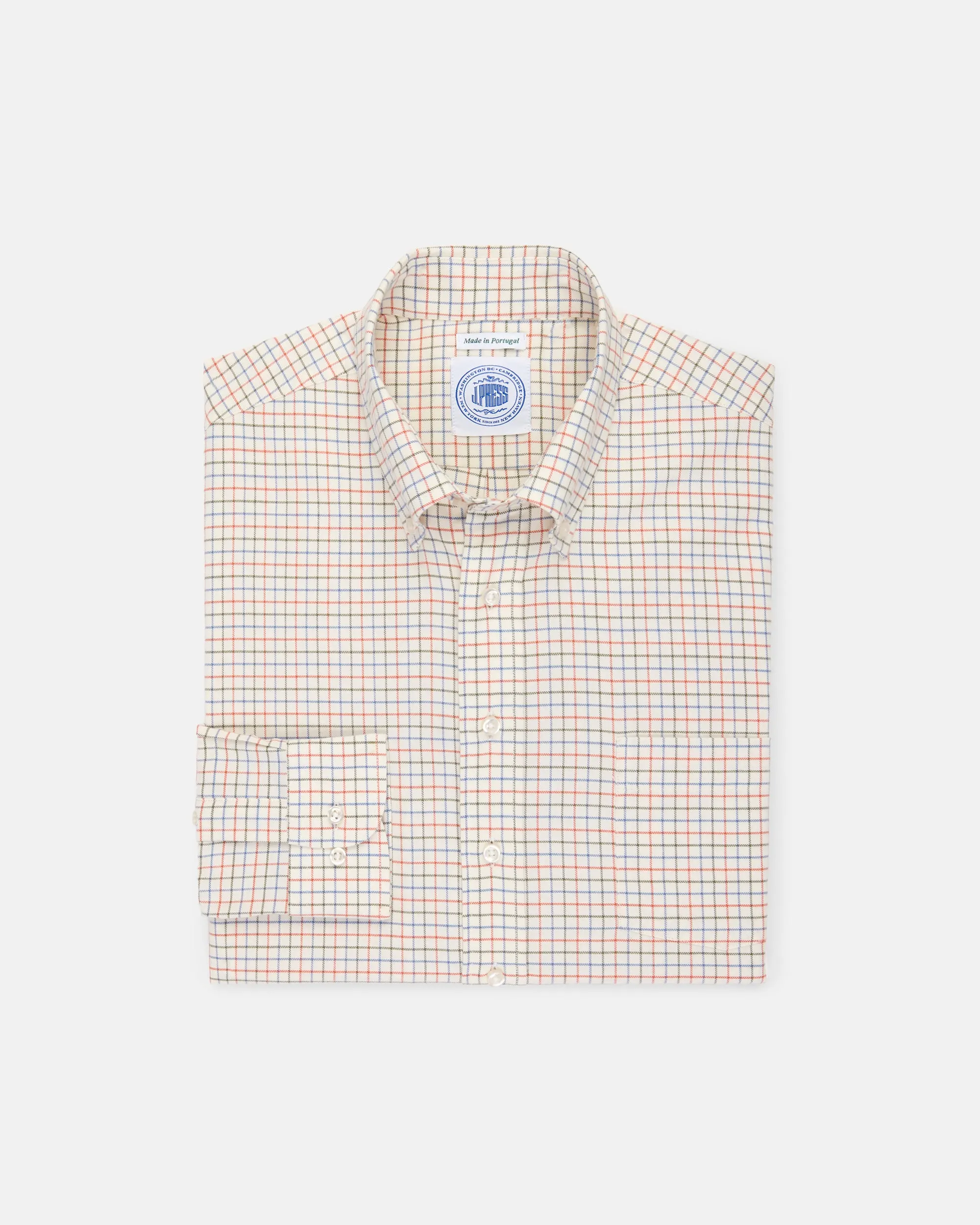 Navy, Light Blue & Red Tattersall Cotton Flannel Sport Shirt - Classic Fit sold by J. Press