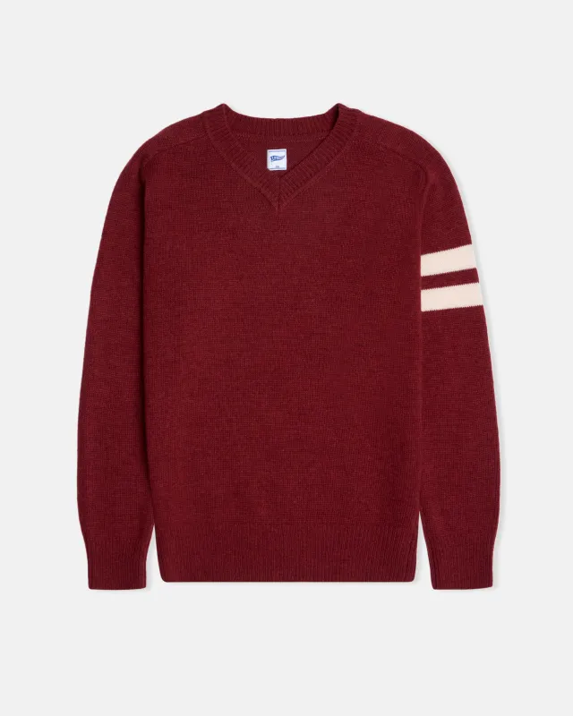 Burgundy Wool Sleeve Stripe V-Neck Sweater - Trim Fit sold by J. Press