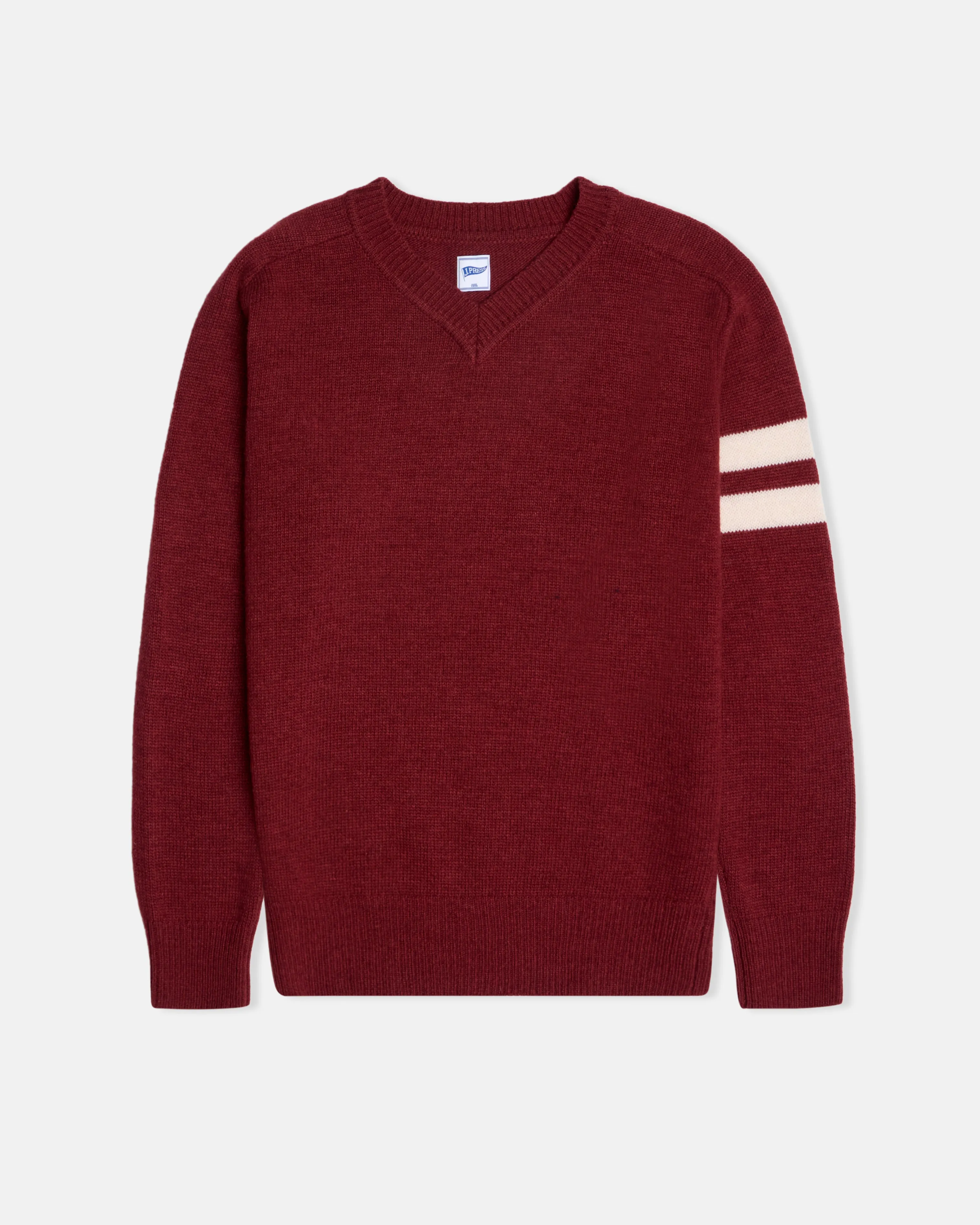 Burgundy Wool Sleeve Stripe V-Neck Sweater - Trim Fit sold by J. Press