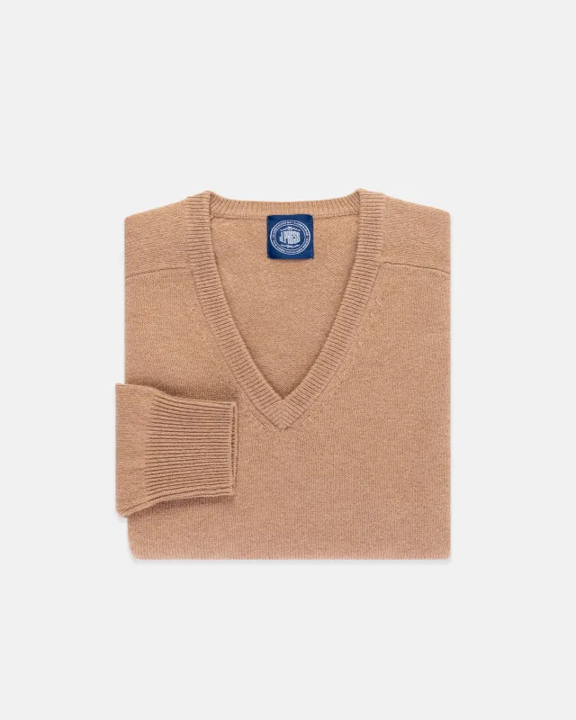 Camel Lambswool V-neck Sweater sold by J. Press