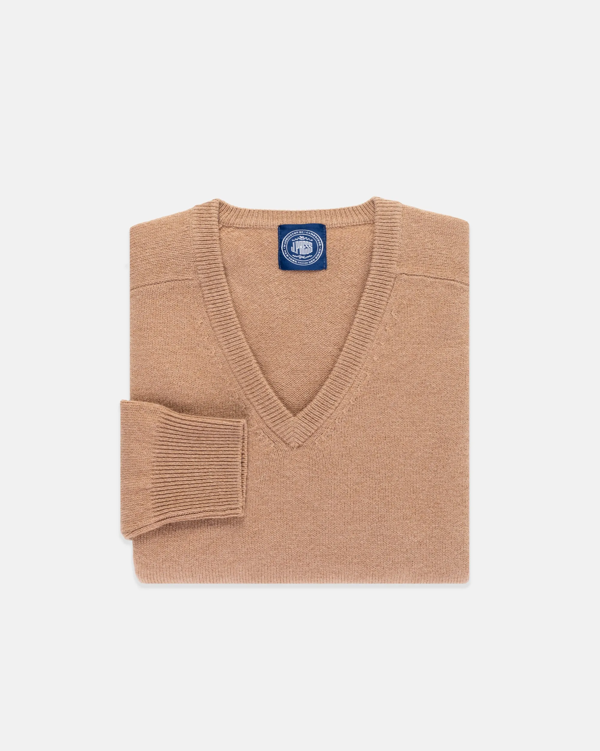Camel Lambswool V-neck Sweater sold by J. Press
