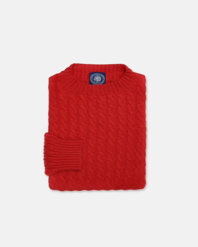 Made-in-Scotland Scarlet Cable Knit Cashmere Sweater sold by J. Press