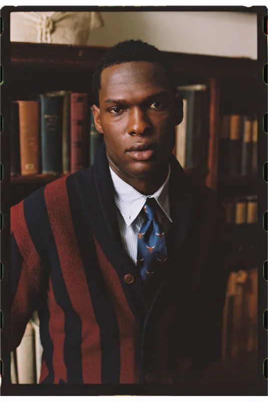 Navy & Burgundy Striped Varsity-Style Cotton Cardigan - Trim Fit sold by J. Press