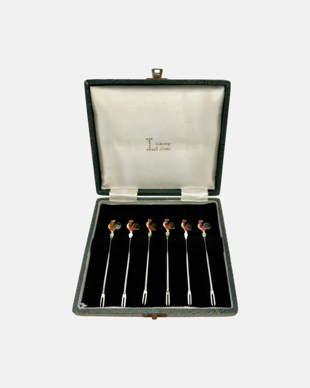 Vintage PH Vogel Set of 6 Sterling Silver Rooster Cocktail Garnish Picks made by J. Press