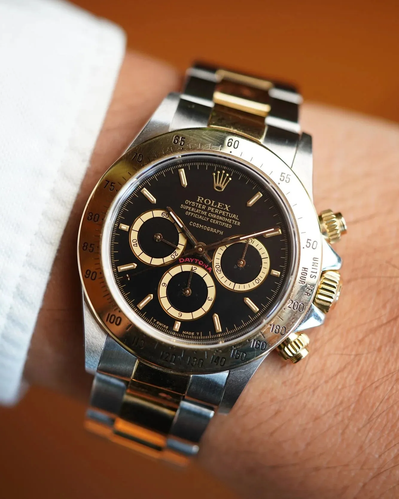 Rolex Floating Cosmograph Zenith Daytona Black Dial Two-Tone 16523 sold by J. Press