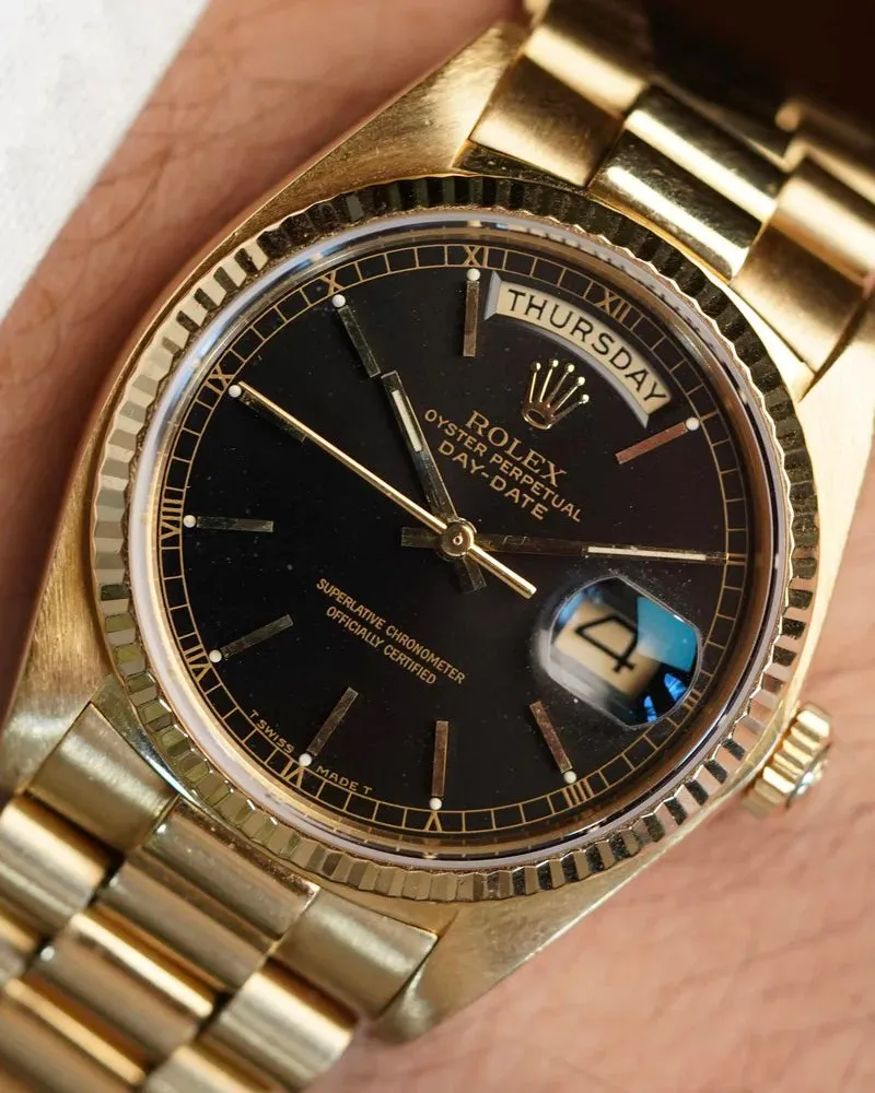 Rolex Black Dial Day-Date Reference 18038 in 18K Yellow Gold Full Set w/ Service Papers sold by J. Press product image thumbnail 2