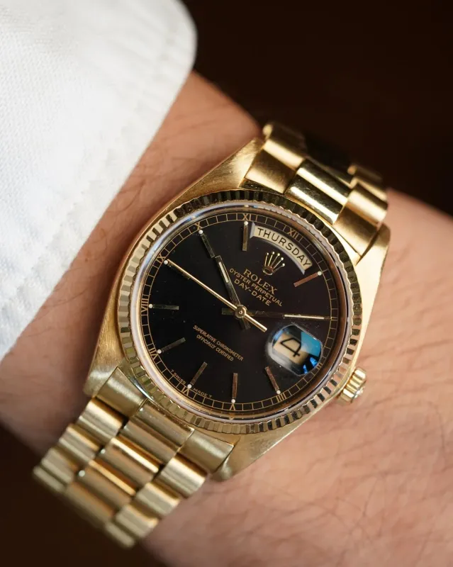 Rolex Black Dial Day-Date Reference 18038 in 18K Yellow Gold Full Set w/ Service Papers sold by J. Press