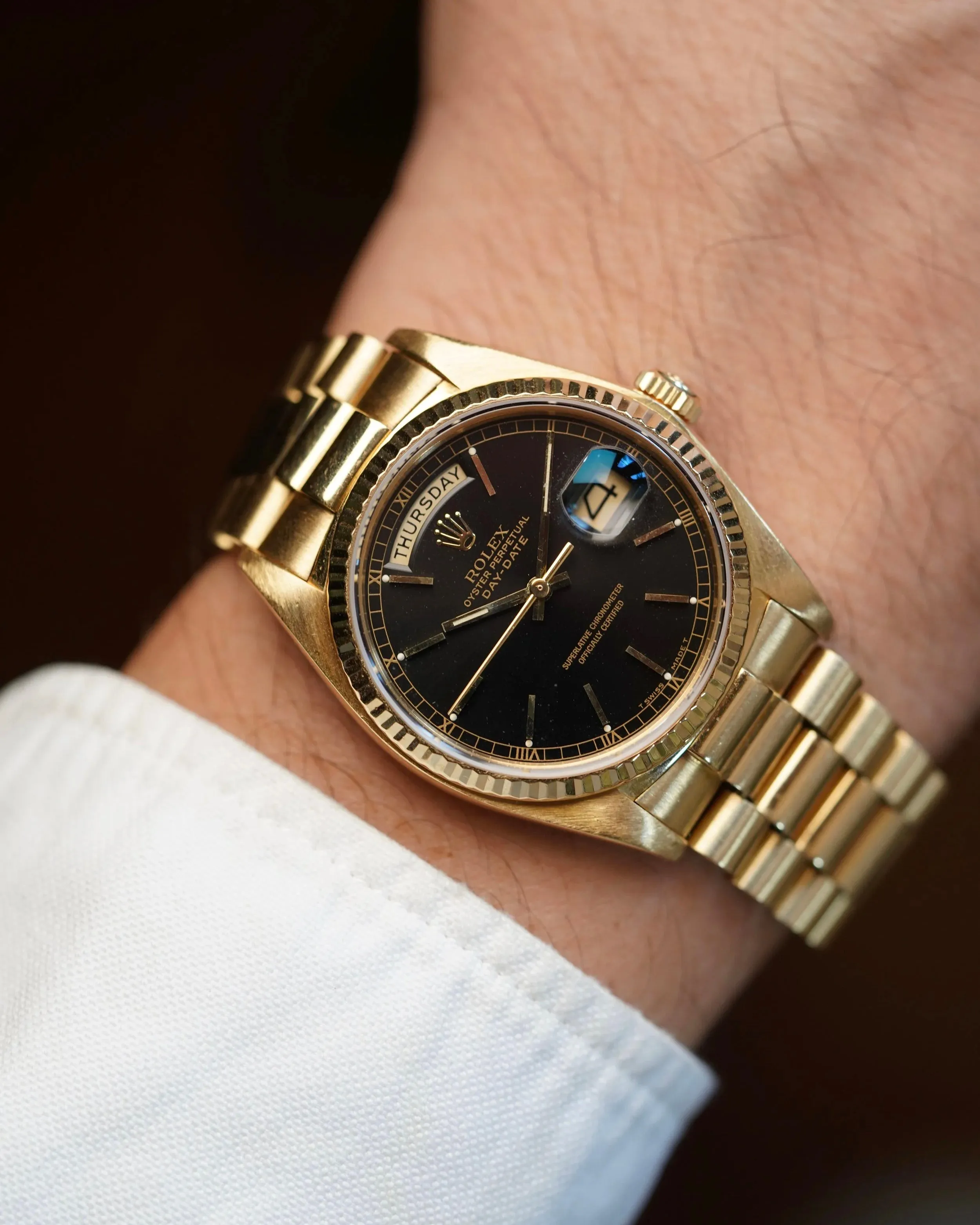 Rolex Black Dial Day-Date Reference 18038 in 18K Yellow Gold Full Set w/ Service Papers sold by J. Press product image thumbnail 3