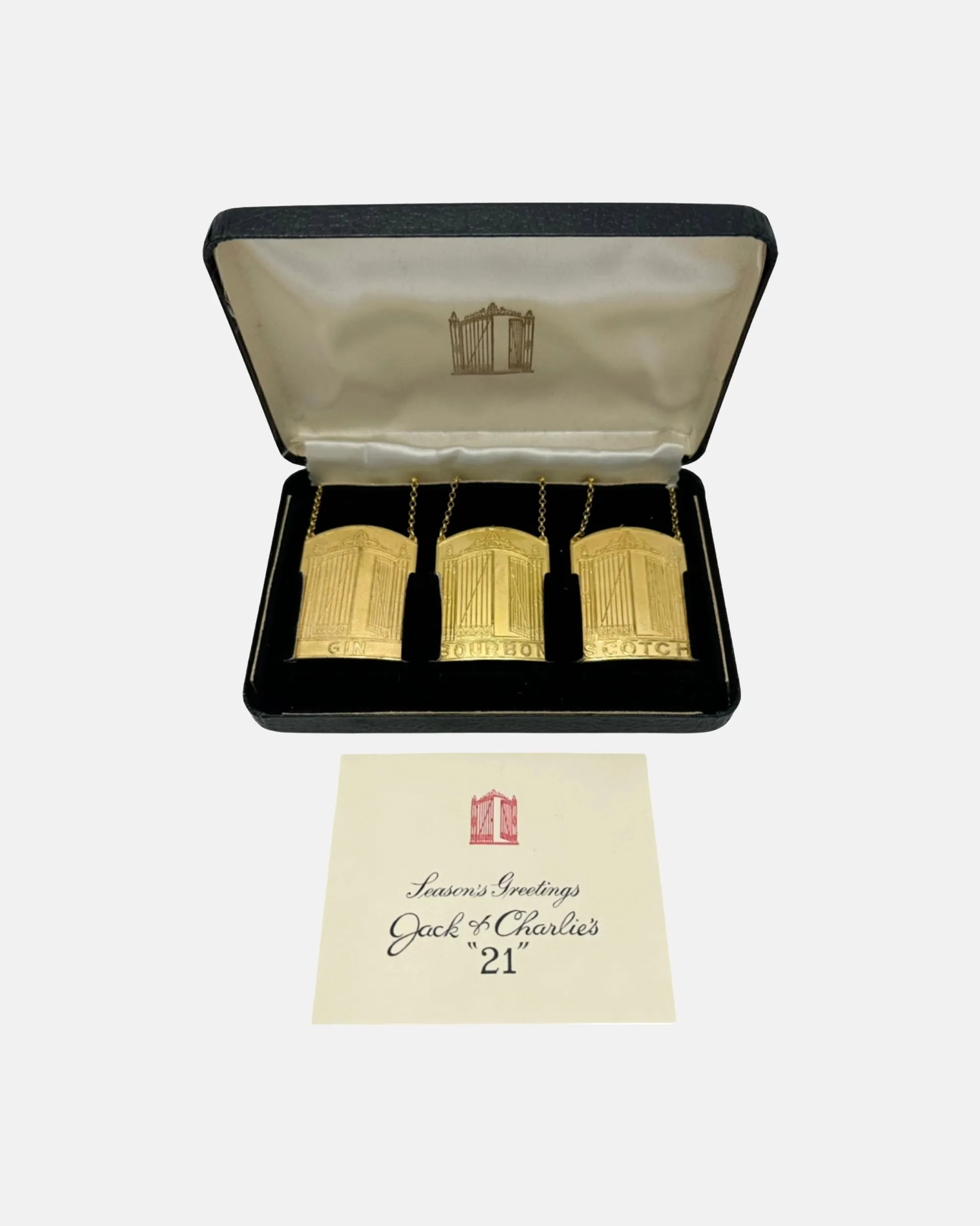 Vintage Set 3 The 21 Club NYC Restaurant Season's Greetings Decanter Tags sold by J. Press