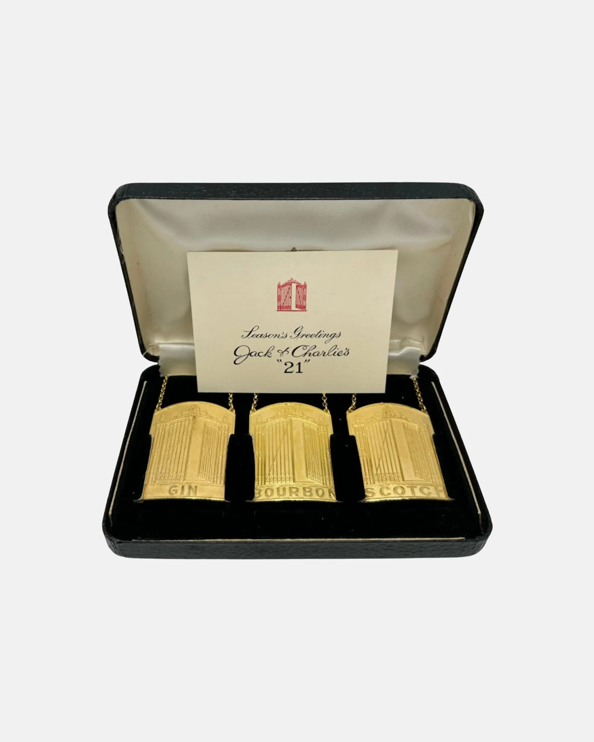 Vintage Set 3 The 21 Club NYC Restaurant Season's Greetings Decanter Tags sold by J. Press product image thumbnail 2