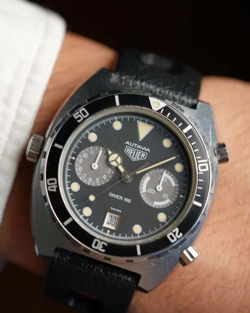 Heuer Autavia 11063P Diver 100 Unpolished w/ Box sold by J. Press