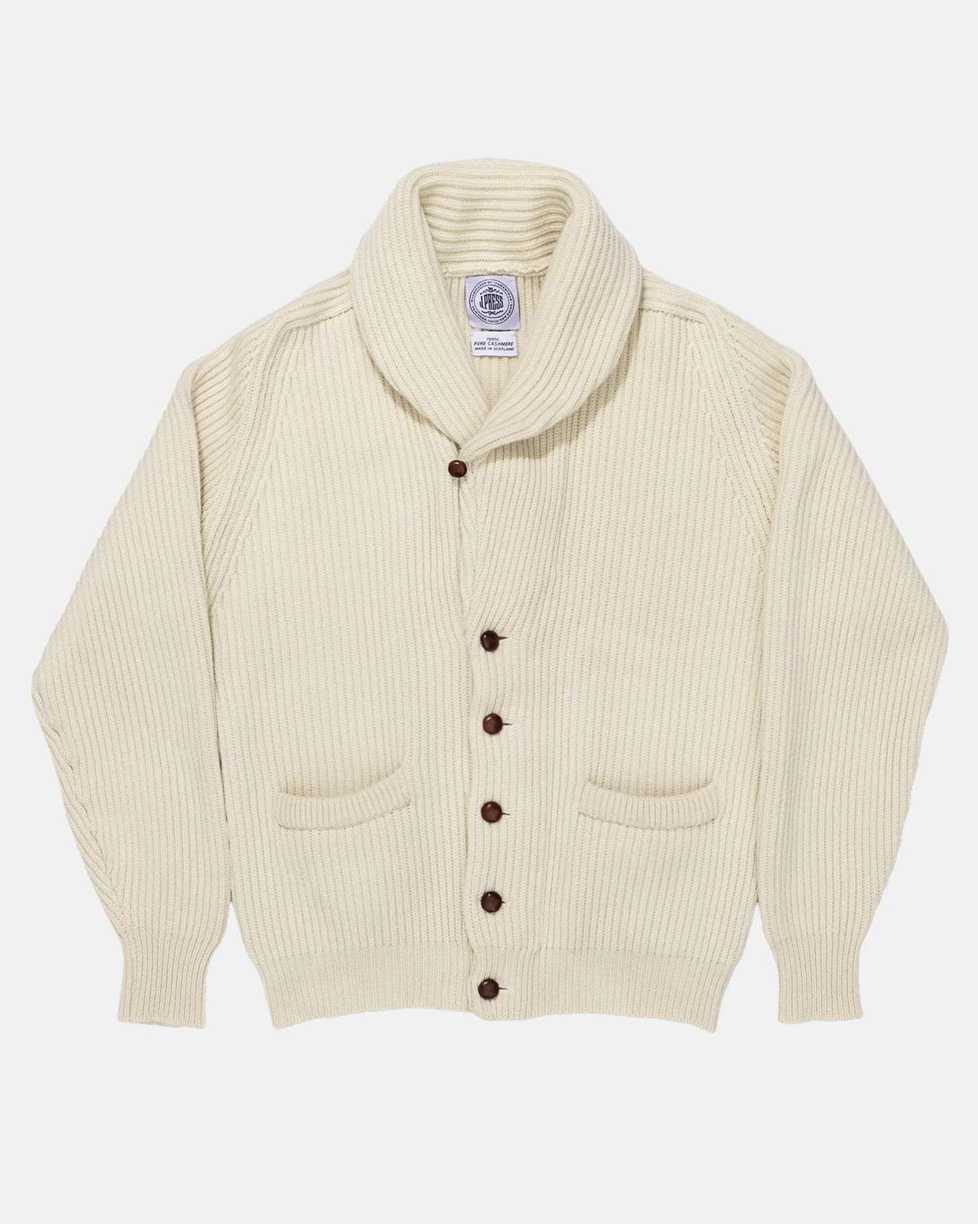 Made-in-Scotland Ivory Cashmere Shawl Collar Cardigan sold by J. Press