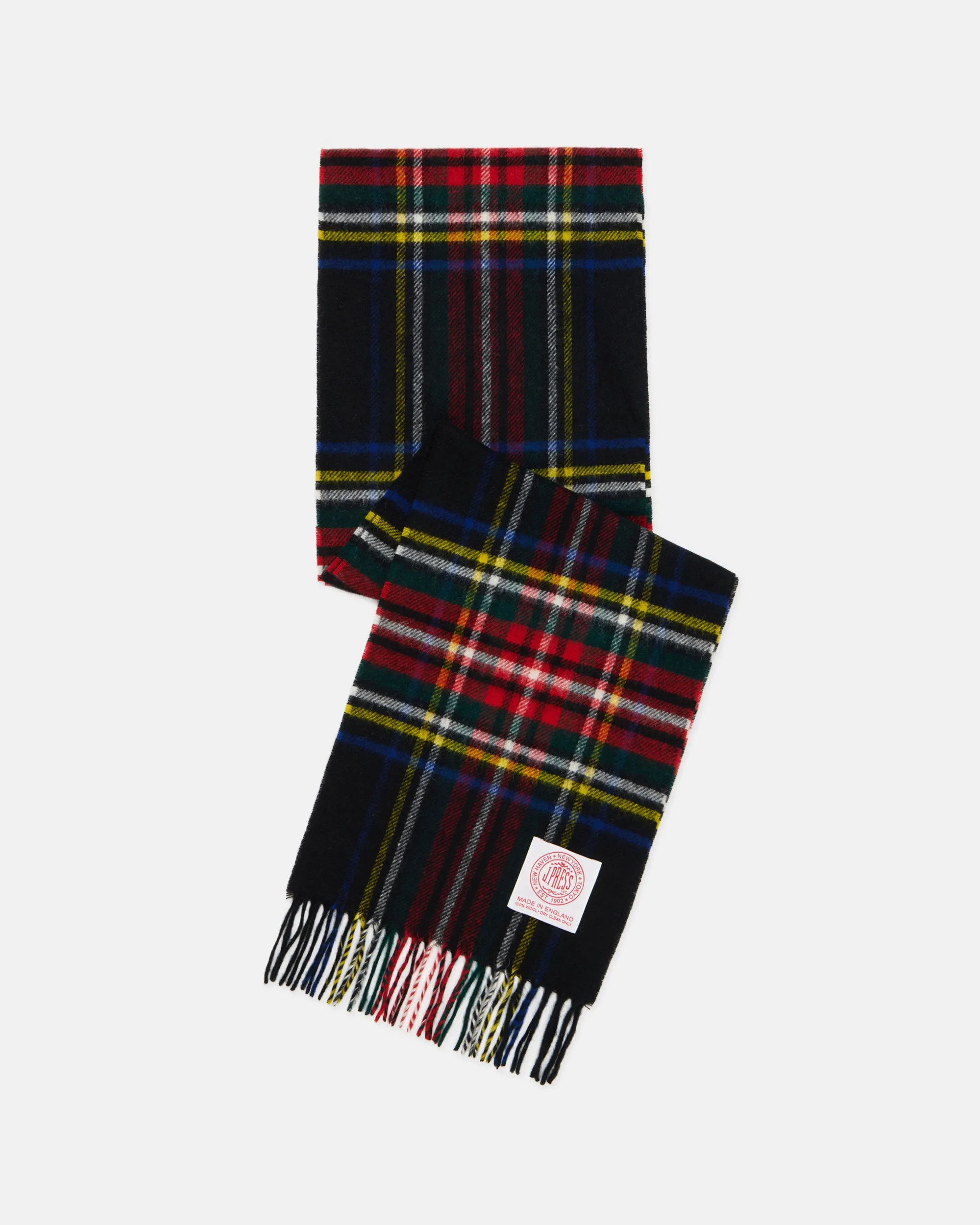 Made-in-England Black Stewart Tartan Merino Wool Scarf sold by J. Press
