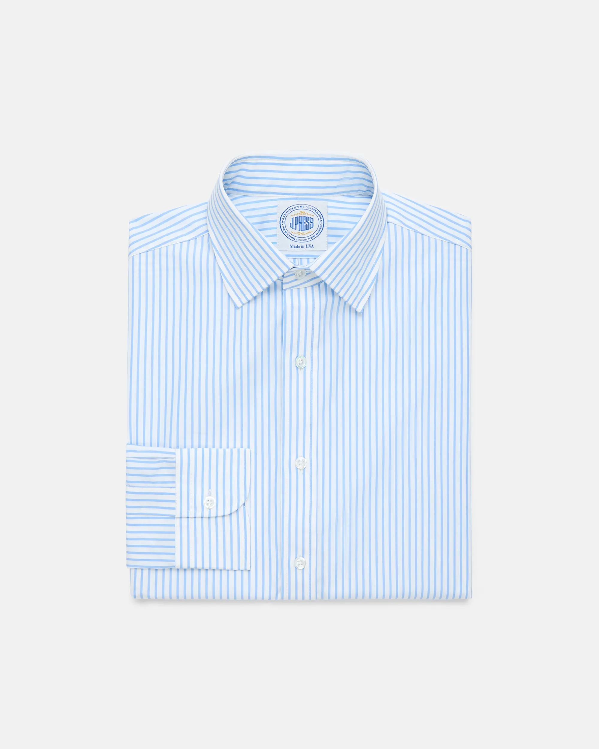Made-in-USA Thomas Mason Light Blue Butcher Stripe Poplin Dress Shirt - Classic Fit sold by J. Press