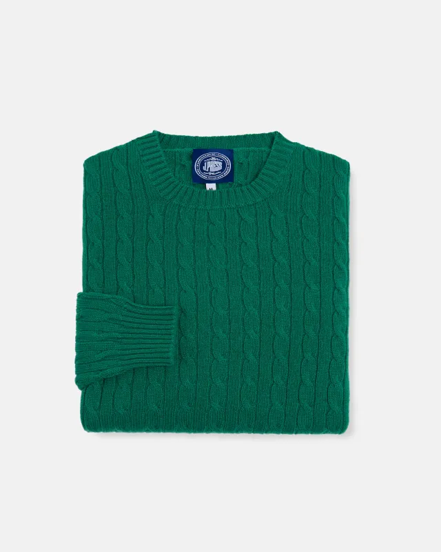 Made-in-Scotland Kelly Green Cable Knit Cashmere Sweater sold by J. Press