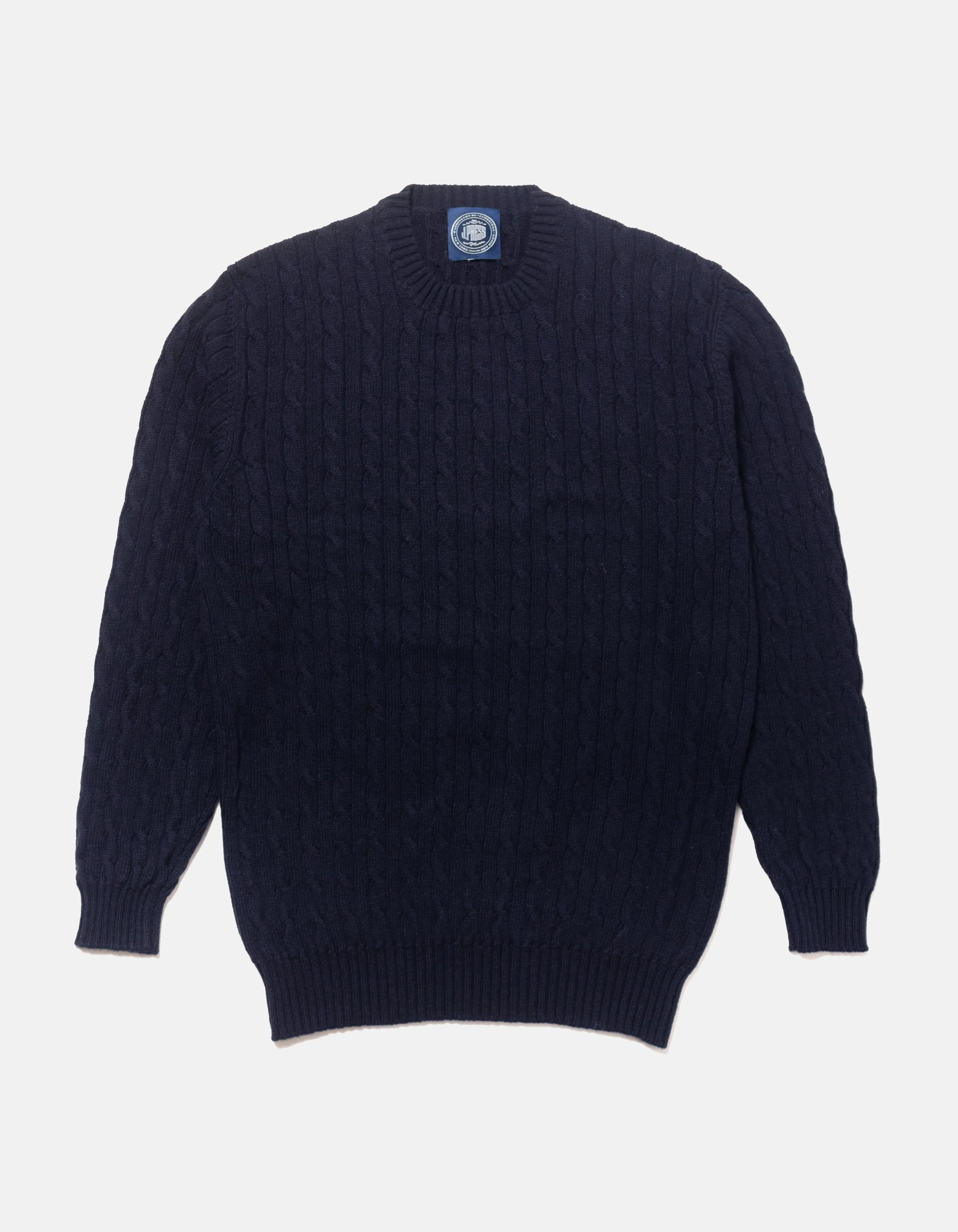Made-in-Scotland Navy Cable Knit Cashmere Sweater sold by J. Press
