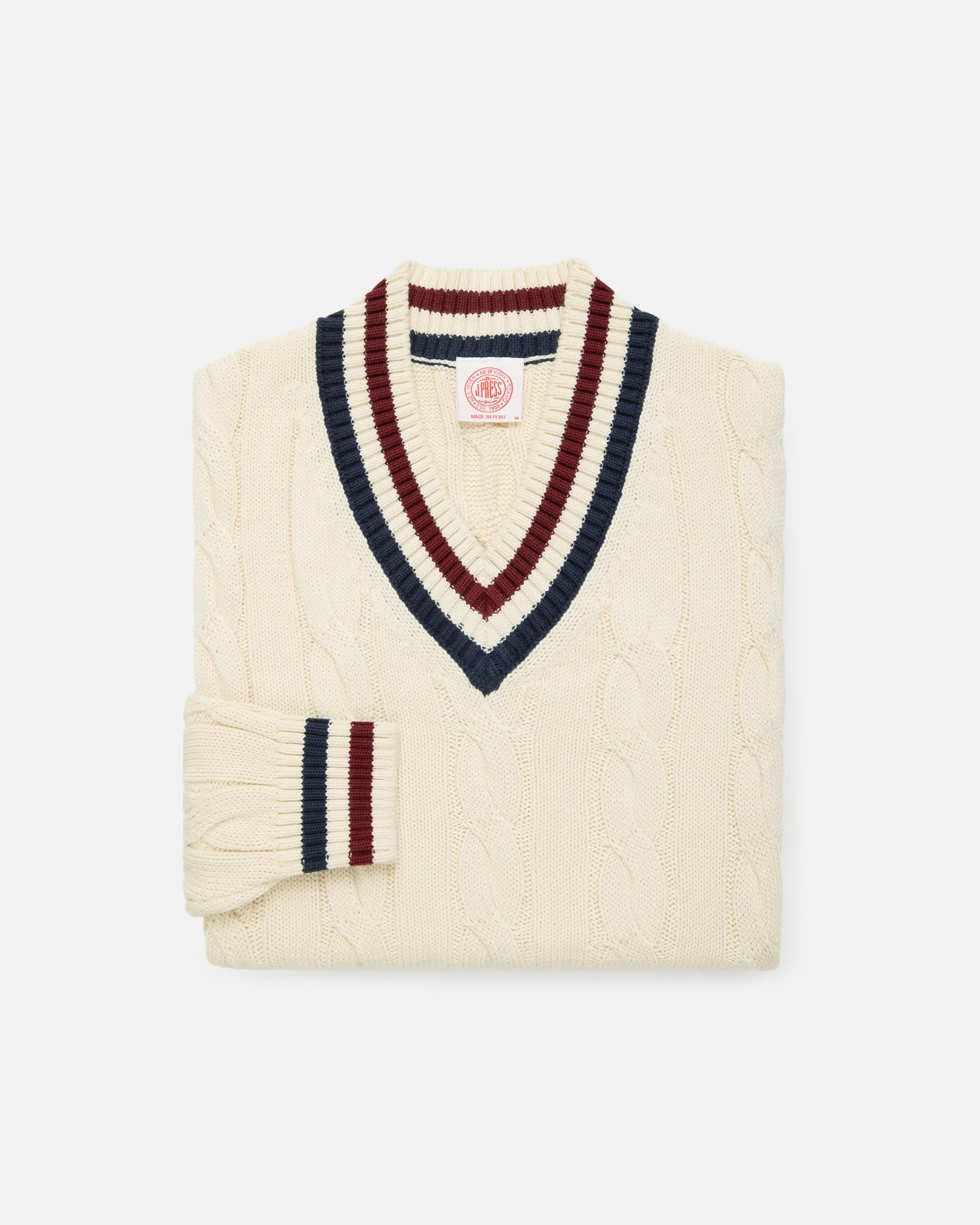 Ecru, Navy & Burgundy Cotton Cricket Sweater sold by J. Press