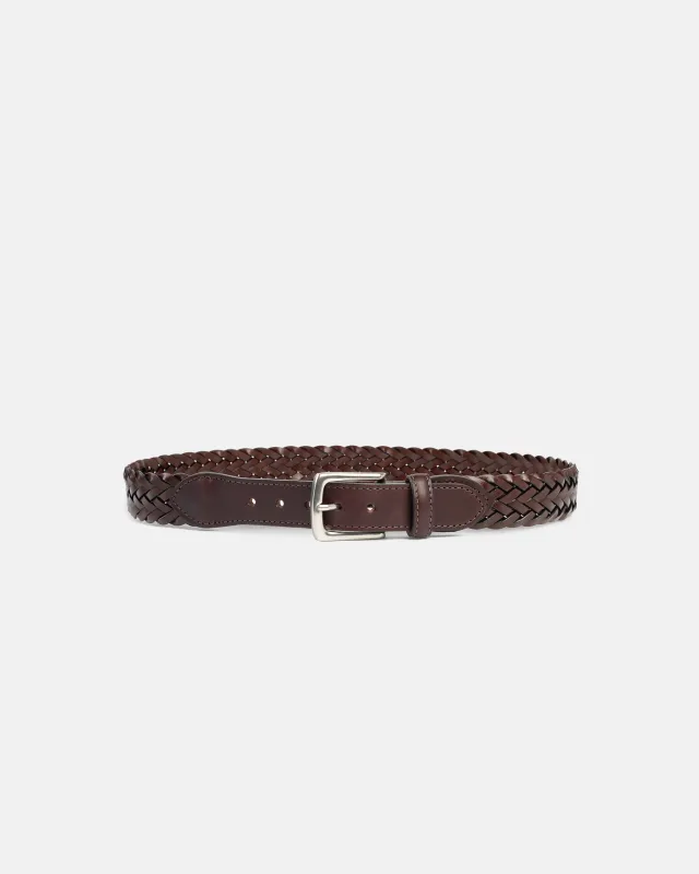 Made-in-USA Brown Braided Leather Belt with Nickel Buckle sold by J. Press