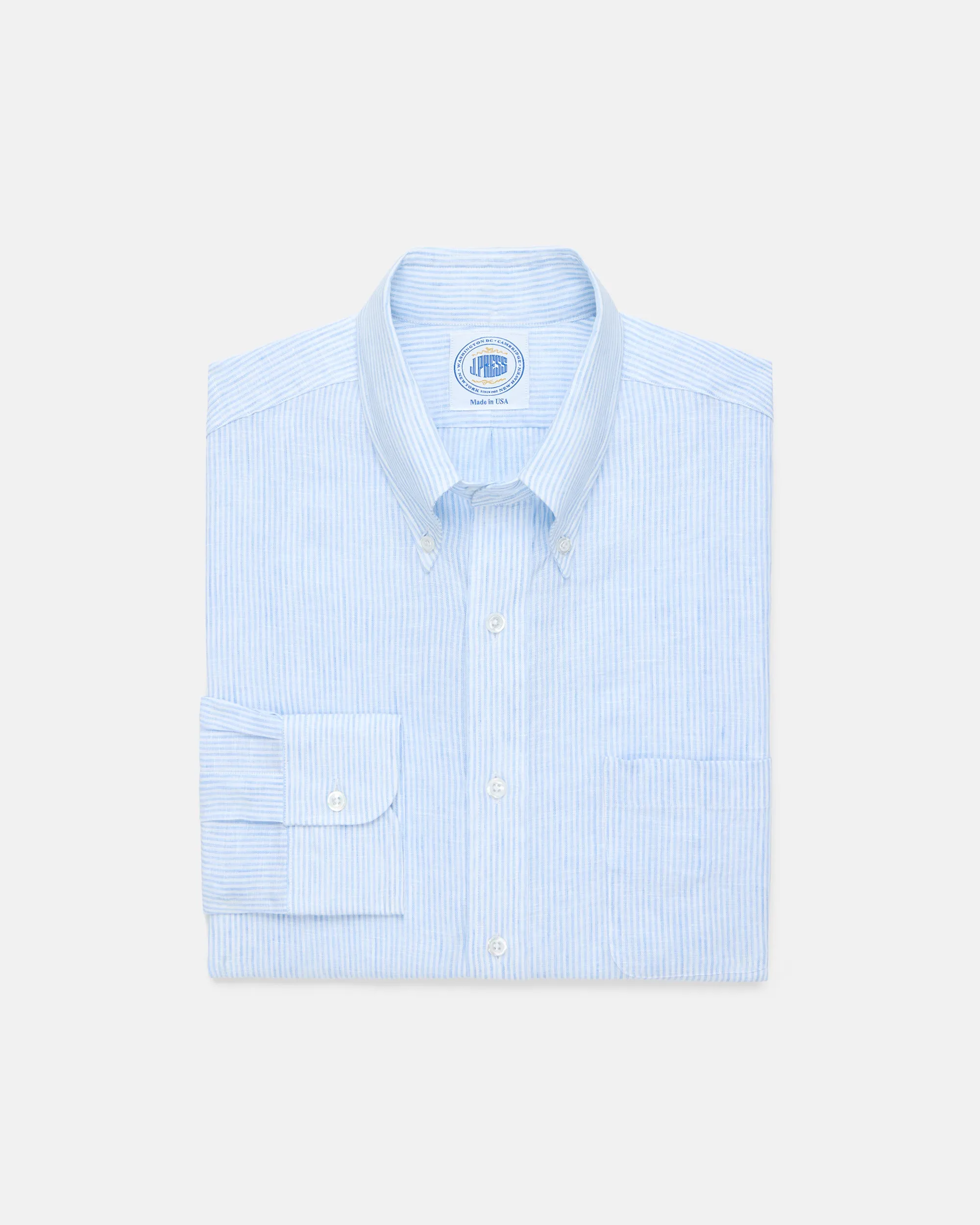 Made-in-USA Thomas Mason Light Blue Candy Stripe Linen Shirt - Classic Fit sold by J. Press